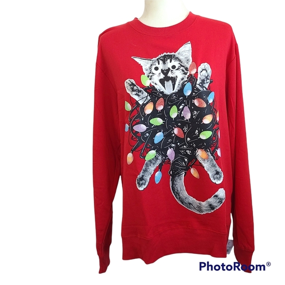 NWT Unisex Adorable Crazy Kitty Christmas Lights Sweatshirt Size L - Picture 1 of 3